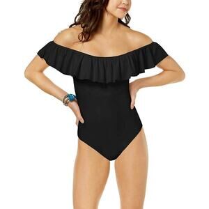 Raisins Barbados Ruffle Off-The-Shoulder Cheeky One-Piece Black Swimsuit Small